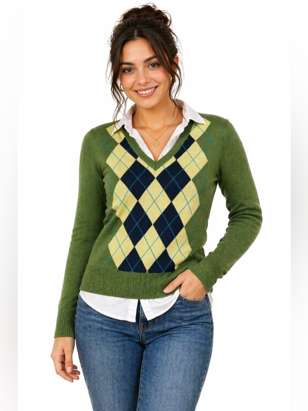 Merona Argyle V-Neck Sweater Olive Green Preppy Women’s XS